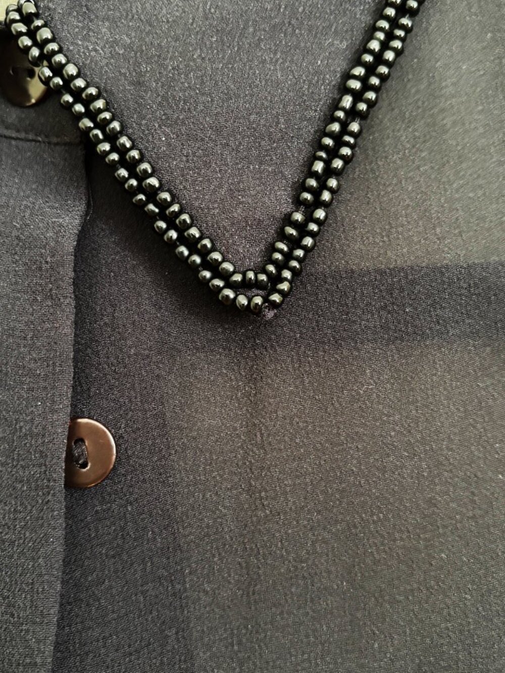Elegant Sheer Black Silk Blouse with Delicate Beadwork Trim Petite SM - Picture 3 of 5